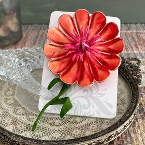 Vintage Mechanical Hot Pink Green Flower Enamel Hand Painted Figural Brooch Pin